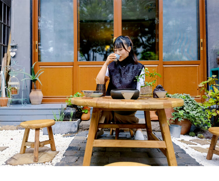 原生态老榆木围炉茶桌茶几煮茶泡茶圆桌户外烧烤火锅实木阳台茶台2022