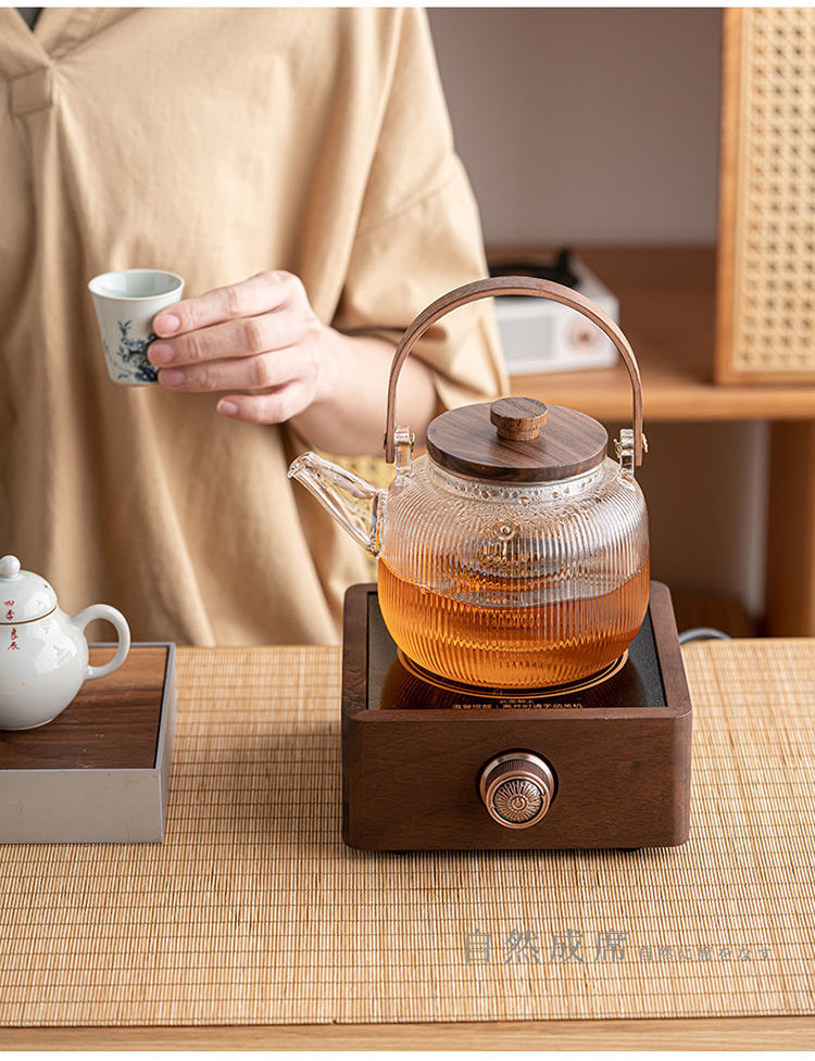 胡桃木自动电陶炉煮茶器玻璃烧水壶白茶煮茶壶养生电热茶炉套装触摸