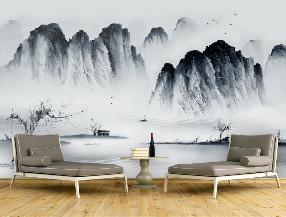 多美莱中式水墨山水画3d客厅电视背景墙壁纸书房会客厅大型定制壁画8d