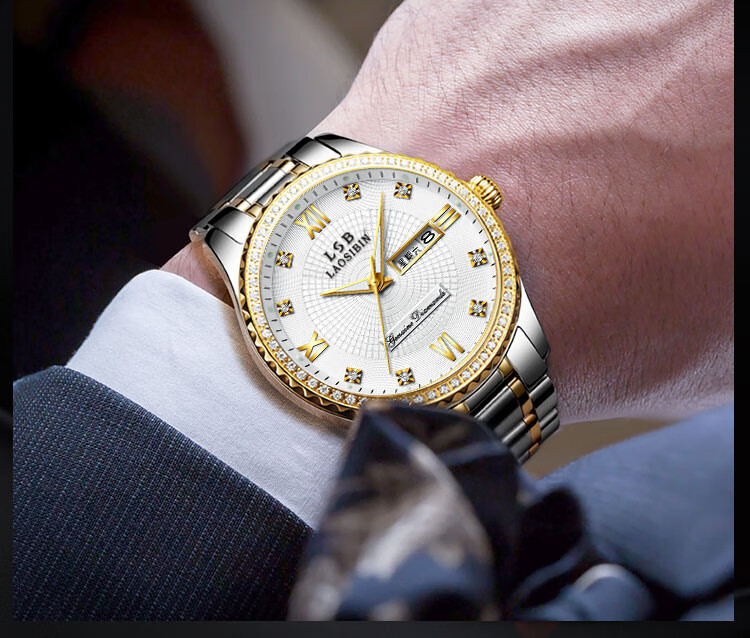 瑞士劳斯宾手表男机械表全自动防水夜光男表laosibin金表 金边白面