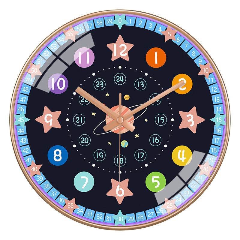 家用卧室钟表儿童房现代简约挂墙免打孔时钟 早教卡通小熊-a253黑色 8