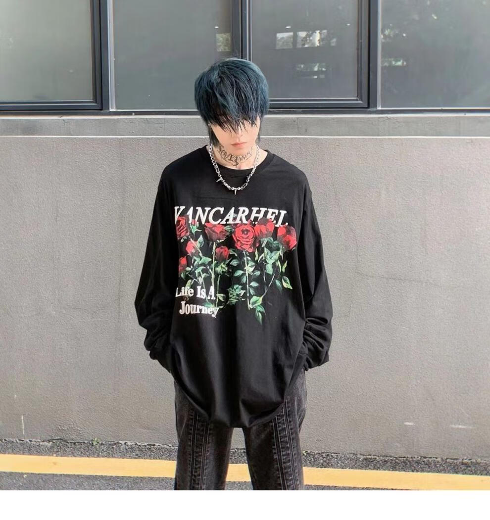 feellonely长袖vtg国潮原创玫瑰花卉发泡印花长袖纯棉t恤秋季美式情侣