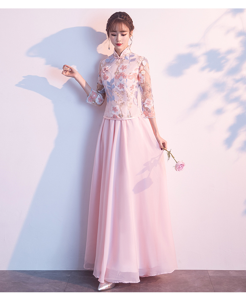 中式伴娘服女2019新款粉色长款古装中国风宴会礼服伴娘团姐妹裙 3018