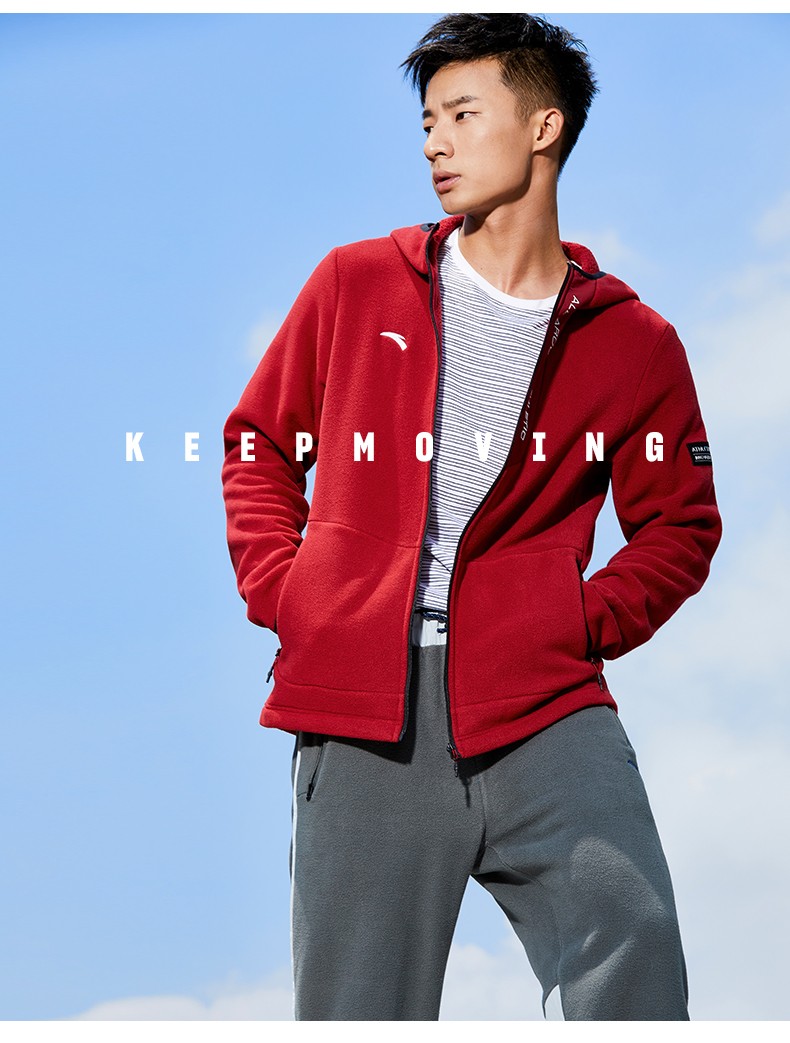 安踏外套男官网秋冬季新款男士保暖加绒连帽针织运动上衣运动服 暗