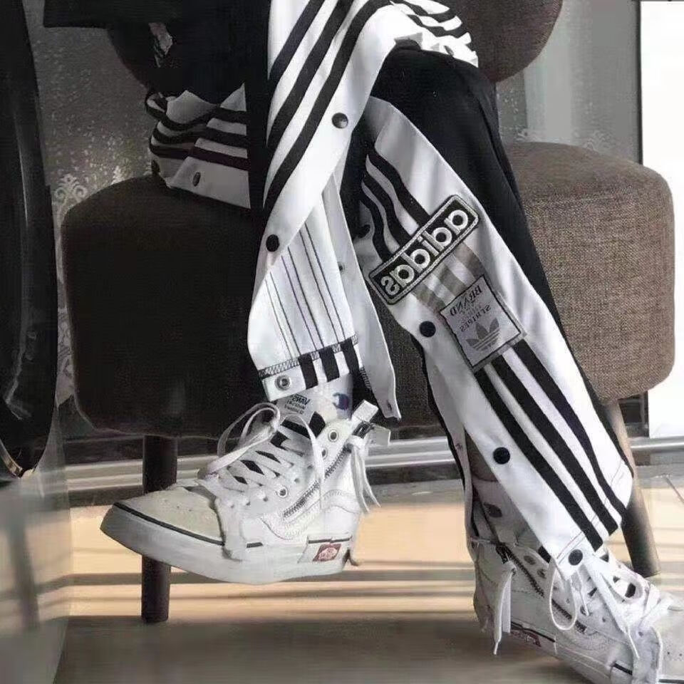 阿迪达斯三叶草排扣裤子男宽松百搭潮流全开可秒脱直筒阔腿学生