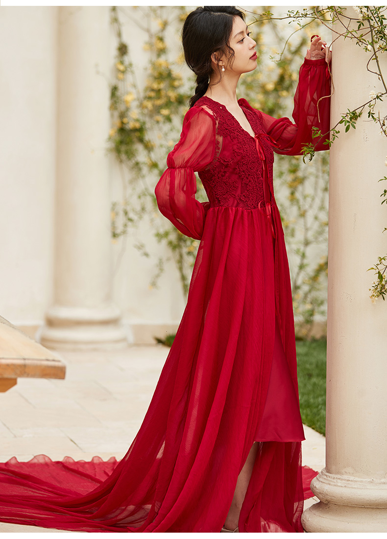 晨袍新娘红色晨袍女新娘婚礼法式加长款拖尾睡袍睡美人睡衣结婚睡衣