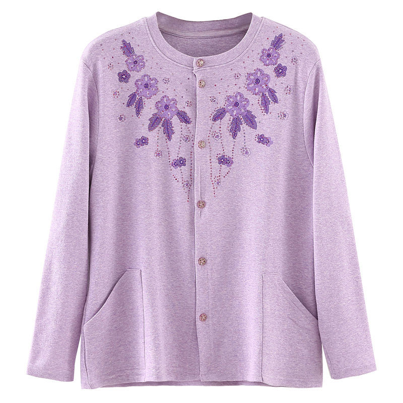 中老年人秋衣女士开衫棉毛衫纯棉长袖对襟线衣全棉开身大码棉质系扣