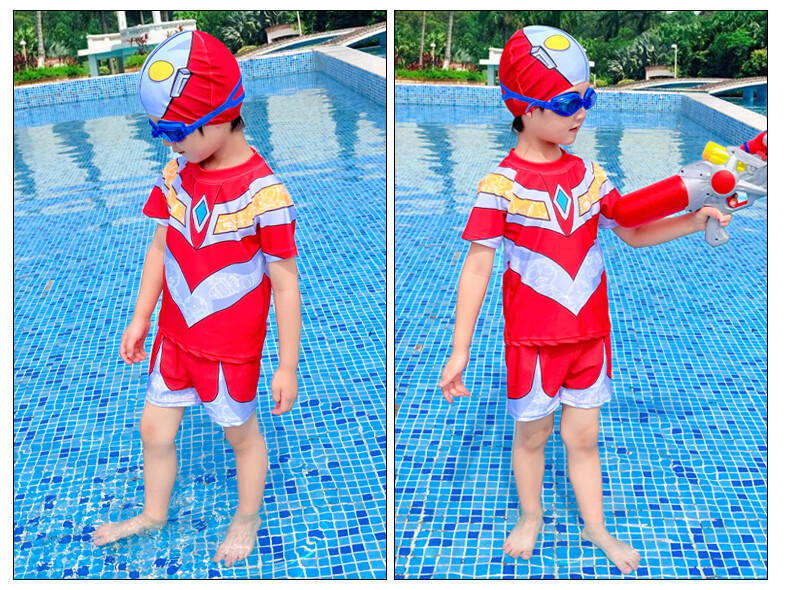儿童泳衣裤男童分体奥特曼衣服男孩游泳衣速干温泉泳装 红色搭配 泳镜