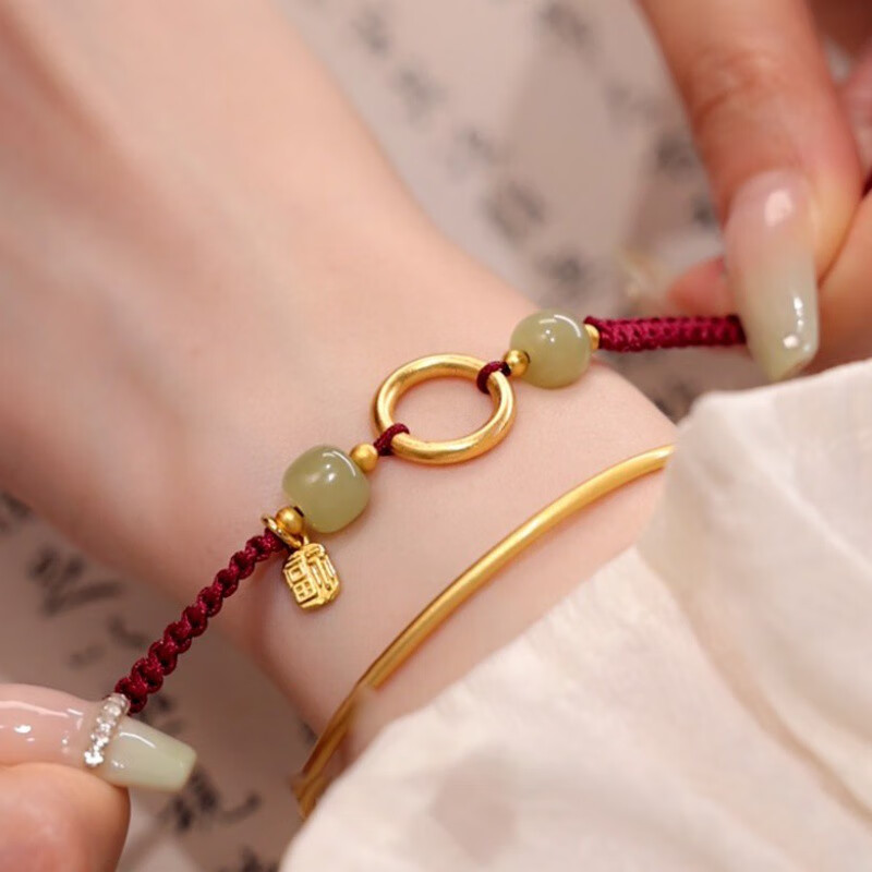 月石缘珠宝甜甜圈新疆和田玉手链女手串925转运圈圈时尚可调节手编绳