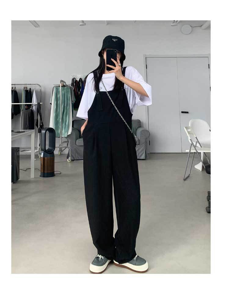 琴涅sixi四喜家春夏 显瘦减龄 黑色背带裤女韩版宽松背带连体西装裤