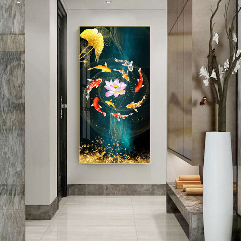 图老大tulaoda九鱼风水玄关装饰画走廊入户过道挂画轻奢客厅镶钻晶瓷