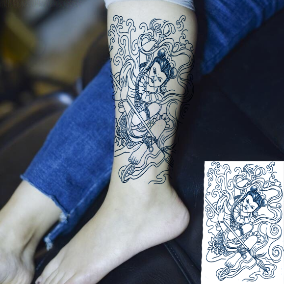 新品成人纹身贴纸哪吒闹海线条花臂花腿防水纹身贴男女款割线哪吒抽