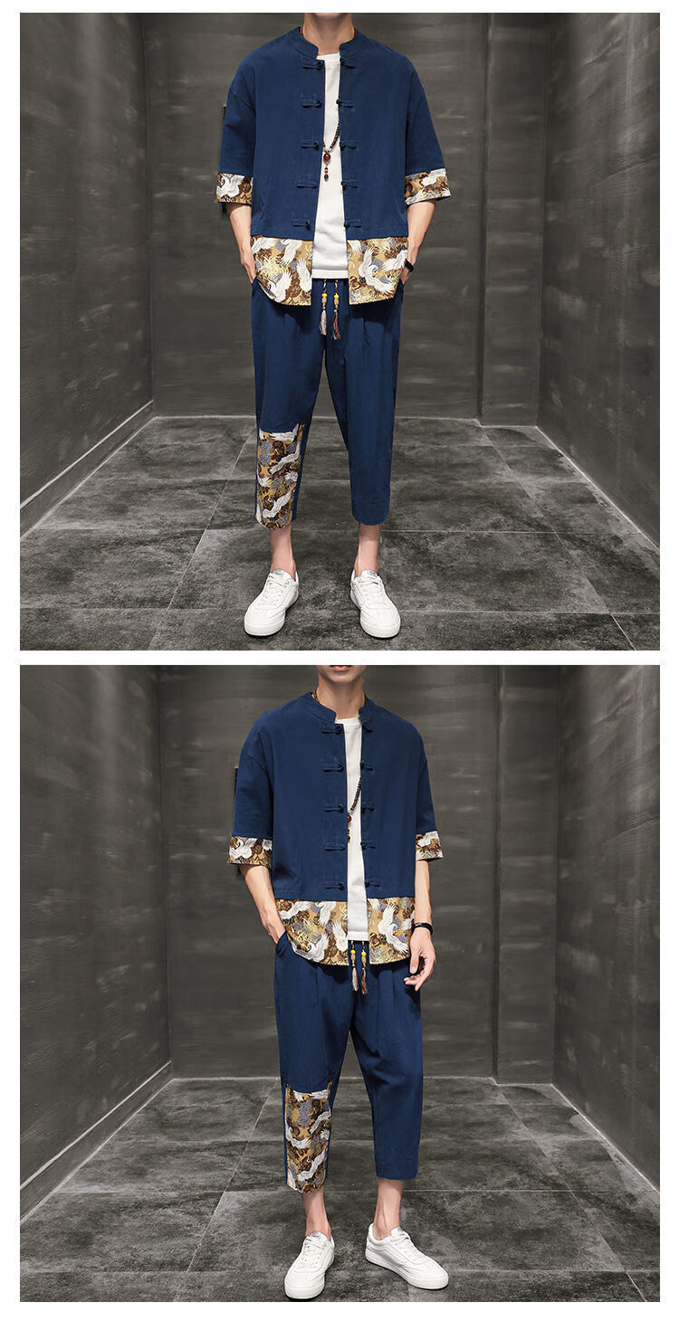 夏季新款唐装潮流舒适大码宽松汉服棉麻休闲时尚两件套 黑色上衣 裤子