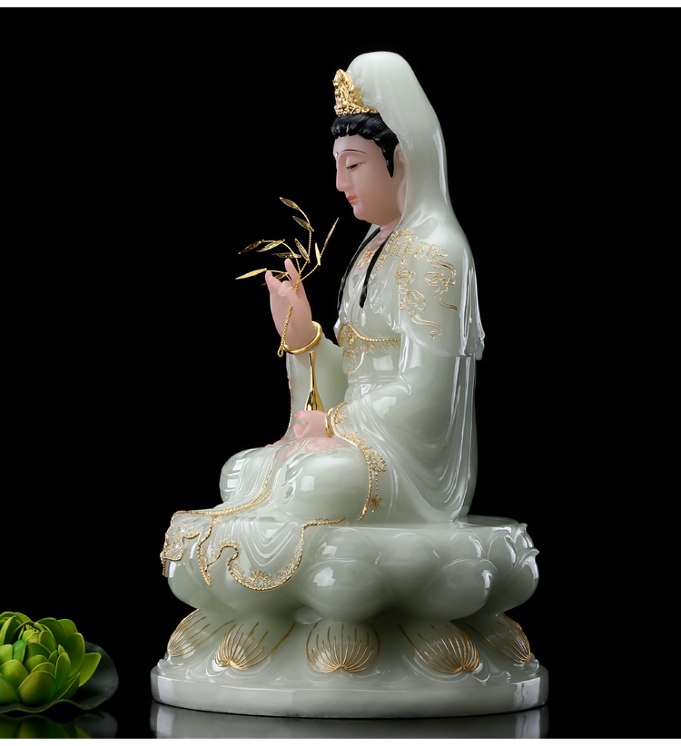 汉白玉翠玉镶金南海观世音菩萨佛像客厅供佛摆件 12英寸观音佛像/尊