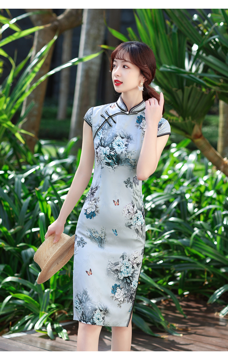 旗袍2022年新款品牌年轻丝绸提花大码小个子大花春秋 润恬z10308蓝白