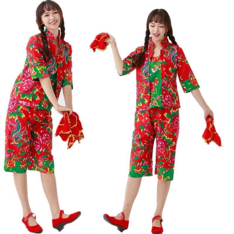 花衣服女村姑成人儿童演出服扭东北大秧歌的二人转演出服装女 红色三