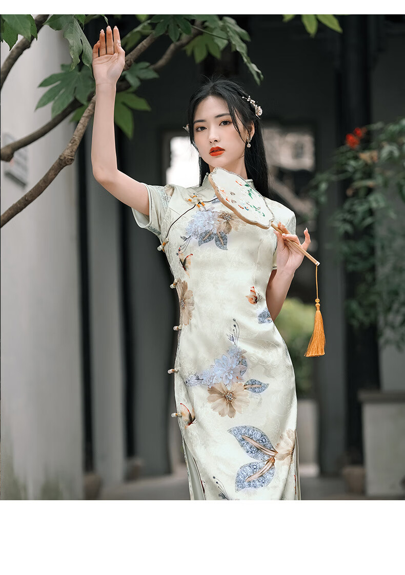 真丝旗袍高端长款少女款2022新款仿杭州夏季复古走秀演出中国风气质