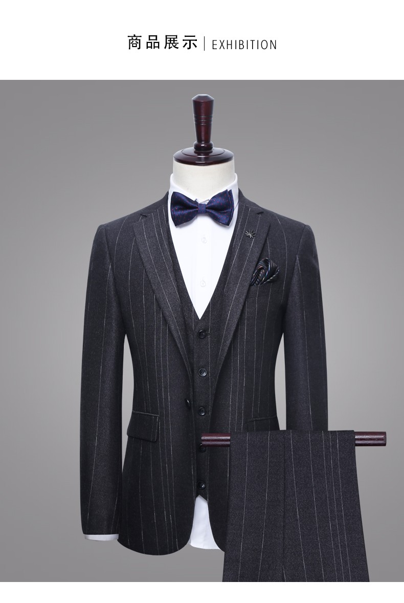 罗蒙 条纹西服套装男修身青年休闲正装西装结婚新郎礼服外套 蓝色二