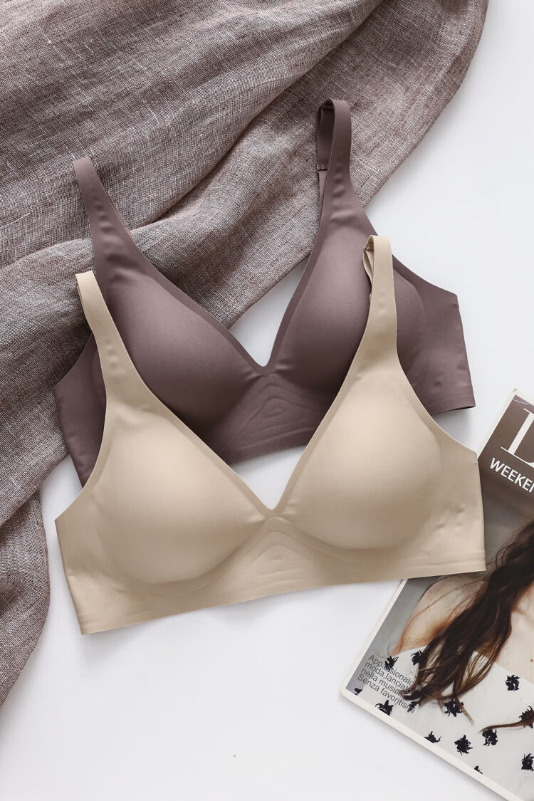 米詅舒适深v果冻大胸显小缩胸文胸防下垂内衣女无痕一片式款胸罩 奶咖