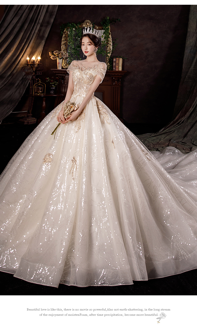 南糖三色一字肩婚纱2021夏季新款法式感复古宫廷风大拖尾主纱仙女范