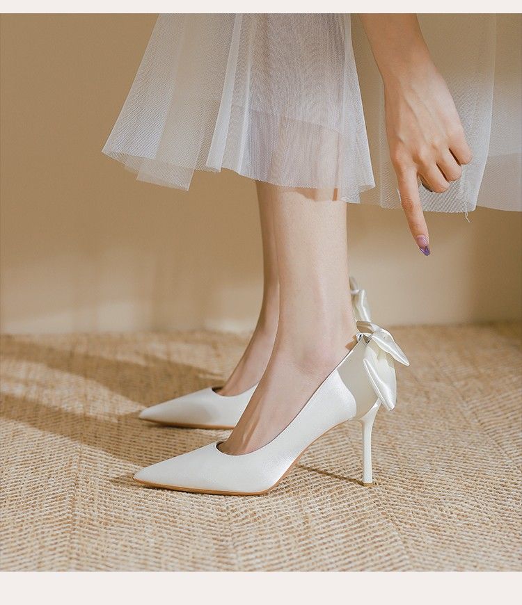 尖头婚纱新娘鞋水晶18岁蝴蝶结成人礼高跟鞋婚鞋女夏季白色高跟鞋蝴蝶