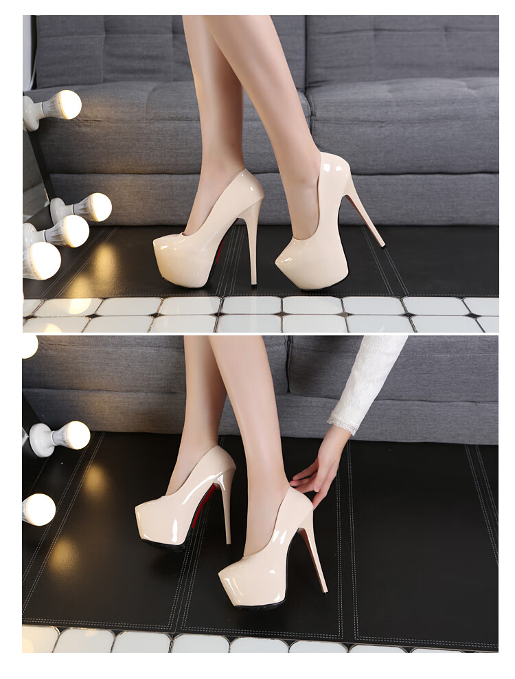 床上性感细跟单鞋女防水台恨天高夜店高跟鞋15cm适合胖脚宽红色16cm38