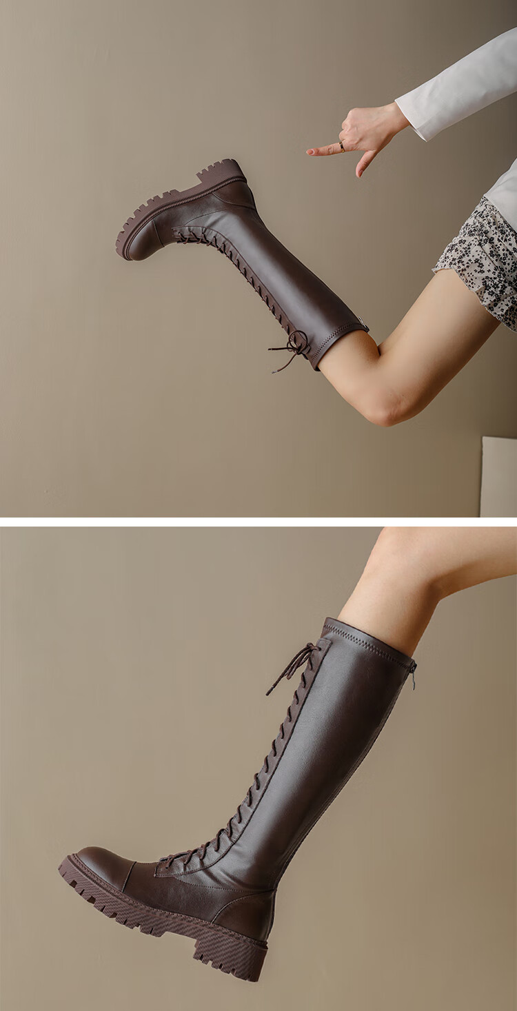 七夕礼盒棕色绑带长筒靴女粗腿骑士靴高筒弹力胖mm厚底显瘦咖色长靴大