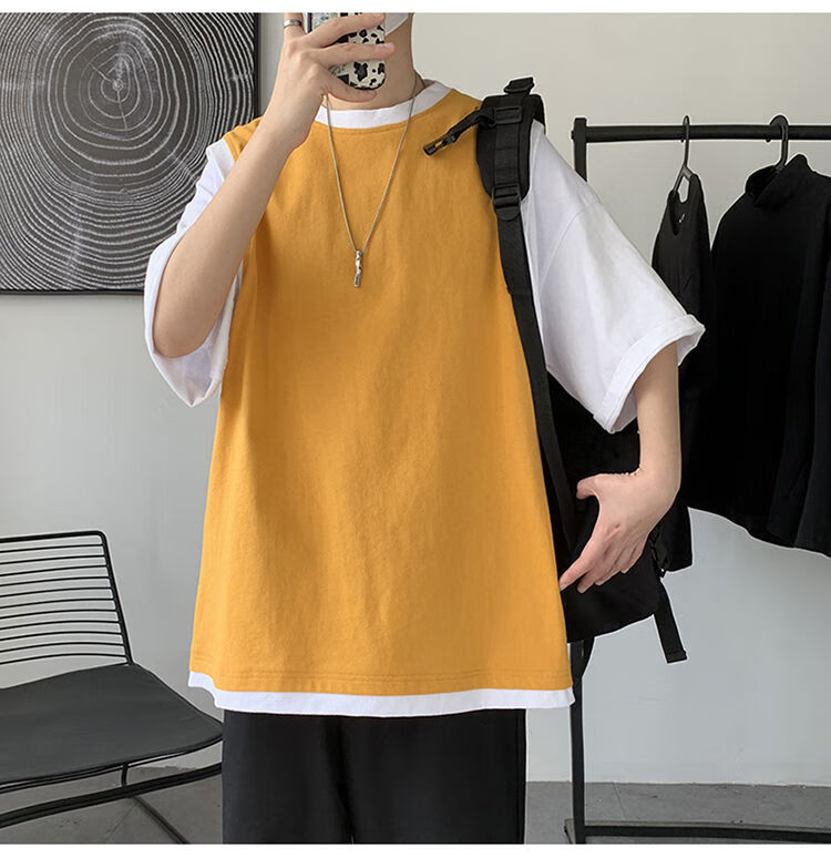 男士t恤夏季款2022假两件短袖恤男潮牌宽松男学生夏季男装一套搭配