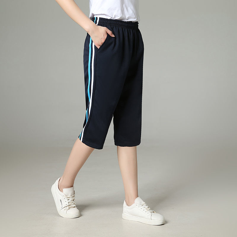 夏薄款校服裤子那女学生七分裤校裤中小学生两道杠宽松校服短裤纯藏