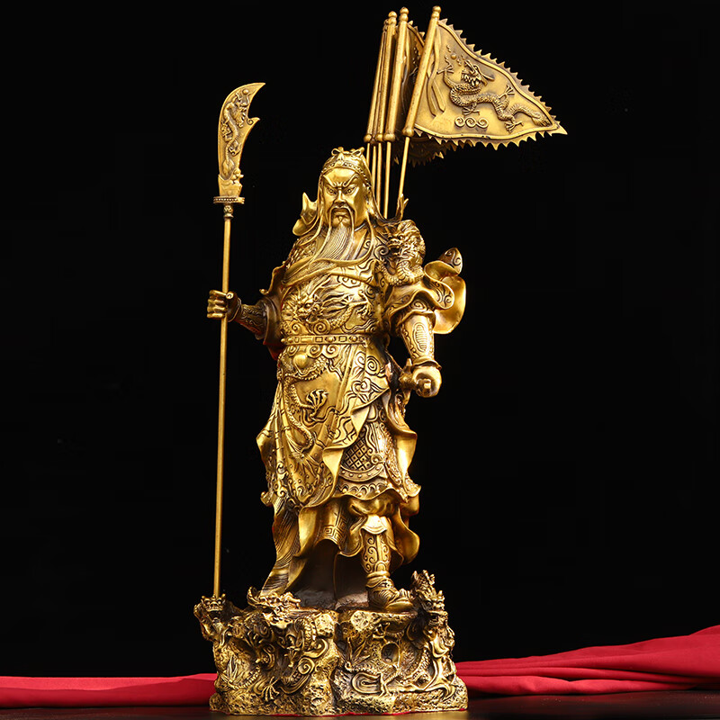 启珀 纯铜武财神背插五旗九龙关公摆件家居办公室供养装饰乔迁开业
