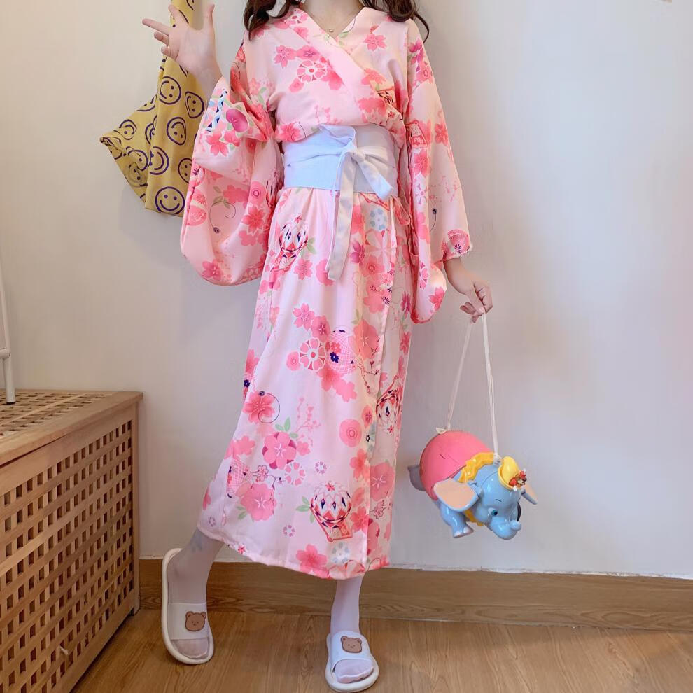 日系软妹甜美可爱粉色樱花和服蝴蝶结腰封可外穿家居服两件套女秋网红