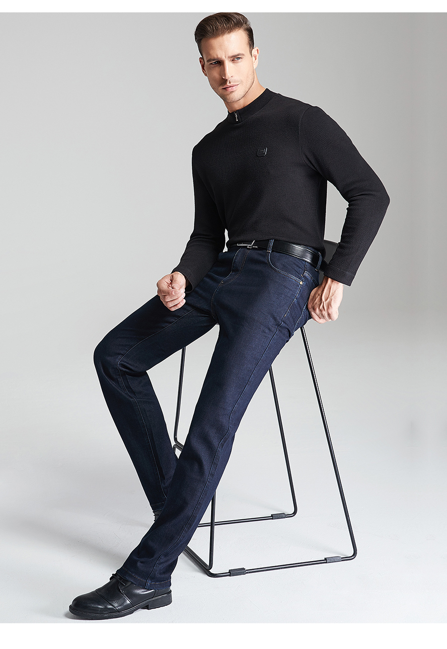 百斯盾羊毛牛仔裤秋冬新款保暖商务休闲合体中青年弹力男裤子 深蓝 29