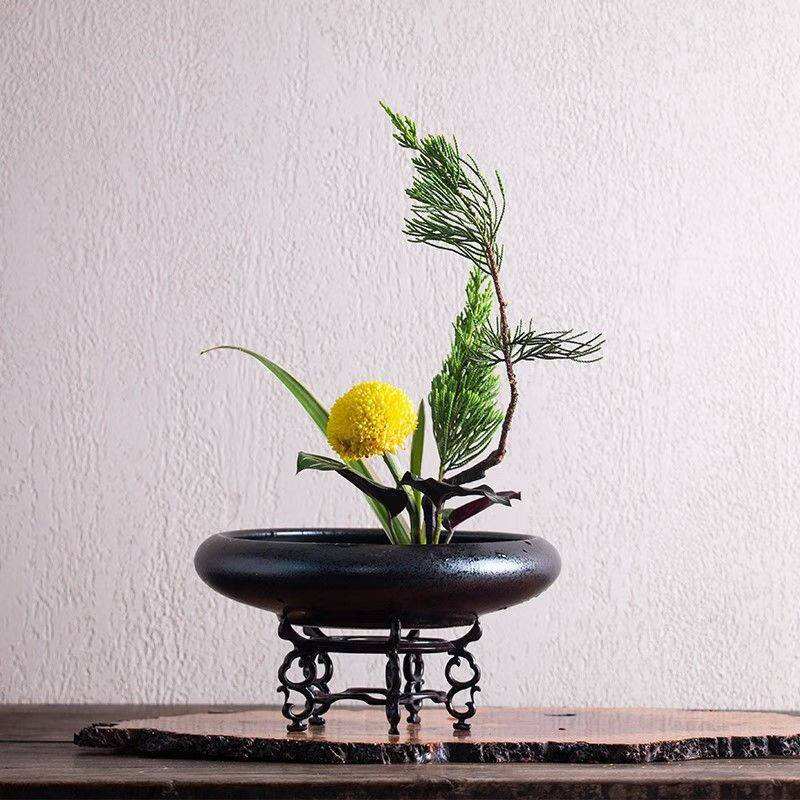 剑山中式插花器皿陶瓷插花圆盘日式小原流花器禅意盆景花盆花盘直径46