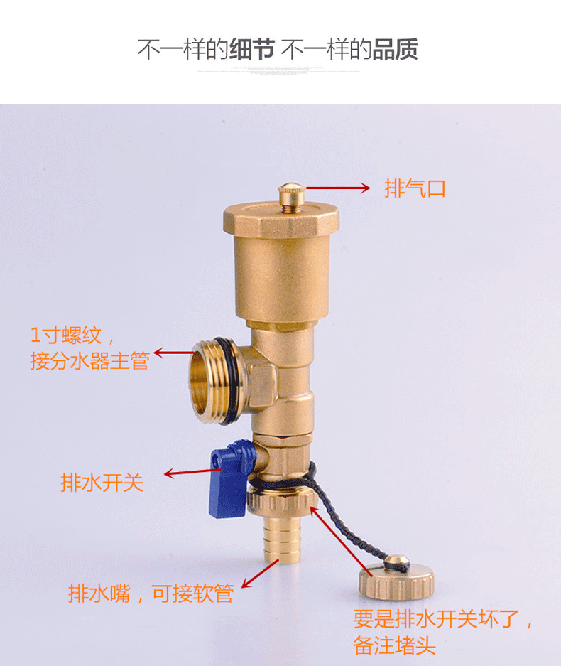 地暖暖氣自動排氣閥分水器末端三尾件dn251寸排氣放水閥內外絲1寸外牙