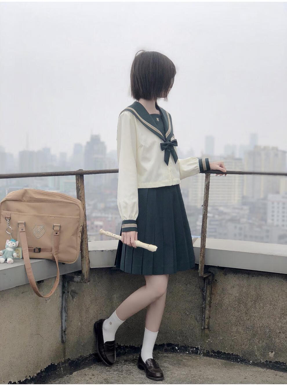 水手服胡桃木jkjk制服水手服女校供感上衣 墨绿奶白 秋夏 长裙 xs