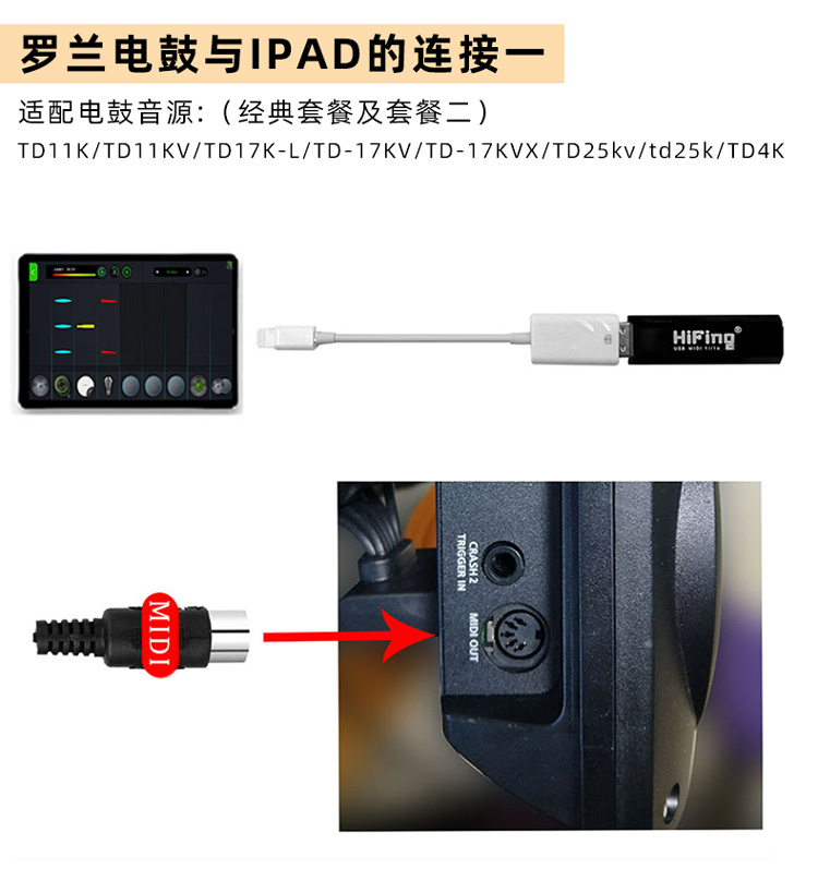 威焱ios15罗兰电架子鼓ipad连接数据线otg苹果转接usb midi接口适配器