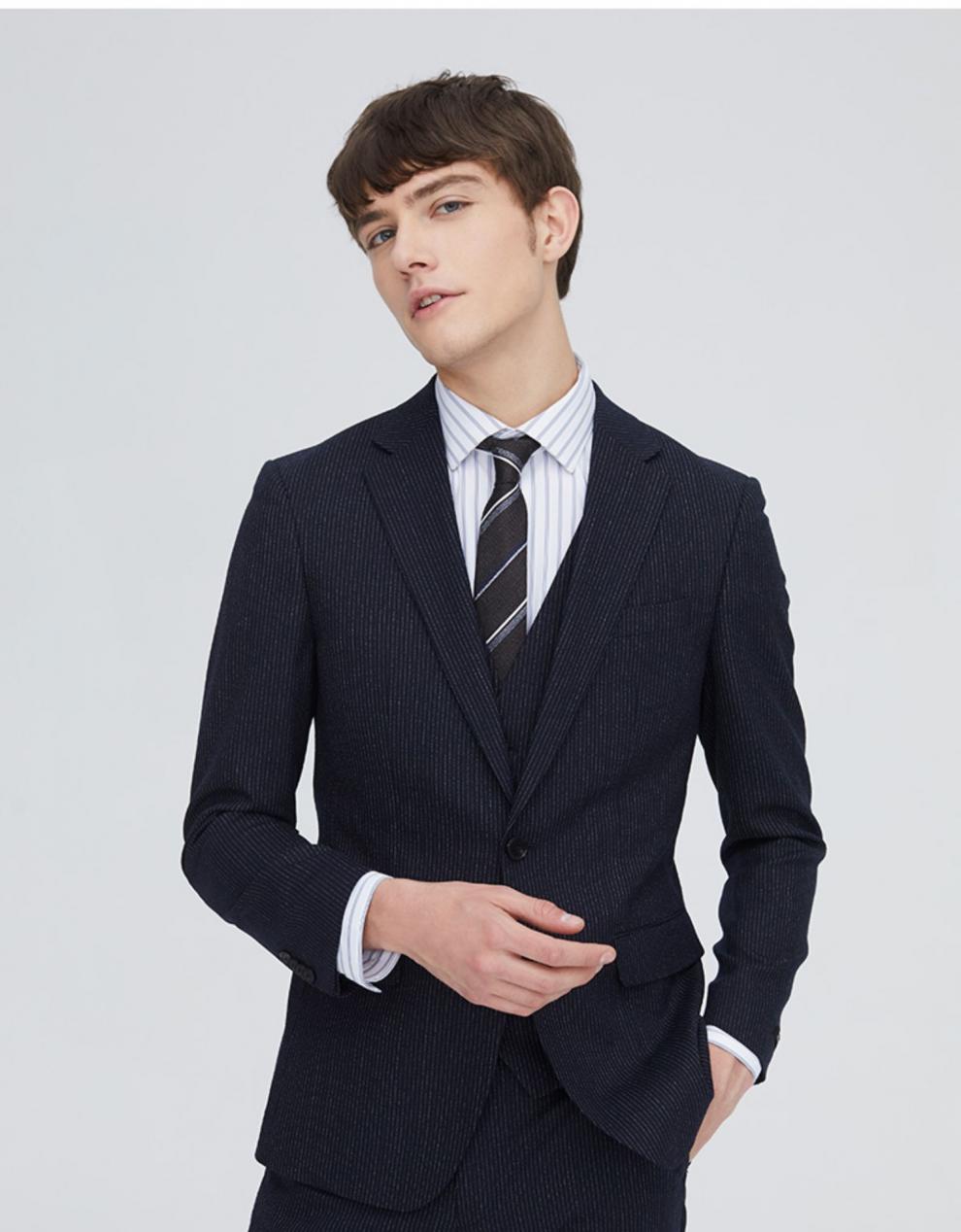 ziozia正装纯色西服青年男士2019秋季新款时尚休闲舒适修身西服 藏青