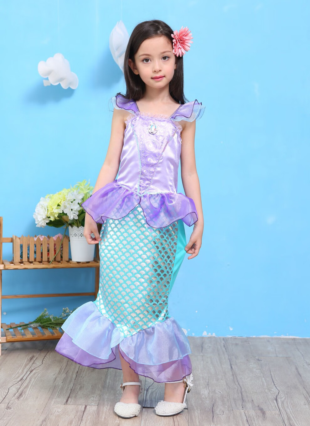 美人鱼衣服女童美人鱼公主连衣裙 儿童万圣节走秀鱼尾套装亮片演出服