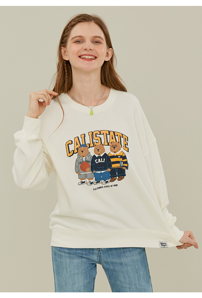 whoau小熊图案圆领卫衣女2021年春季韩版薄款百搭减龄显气质乳白色l