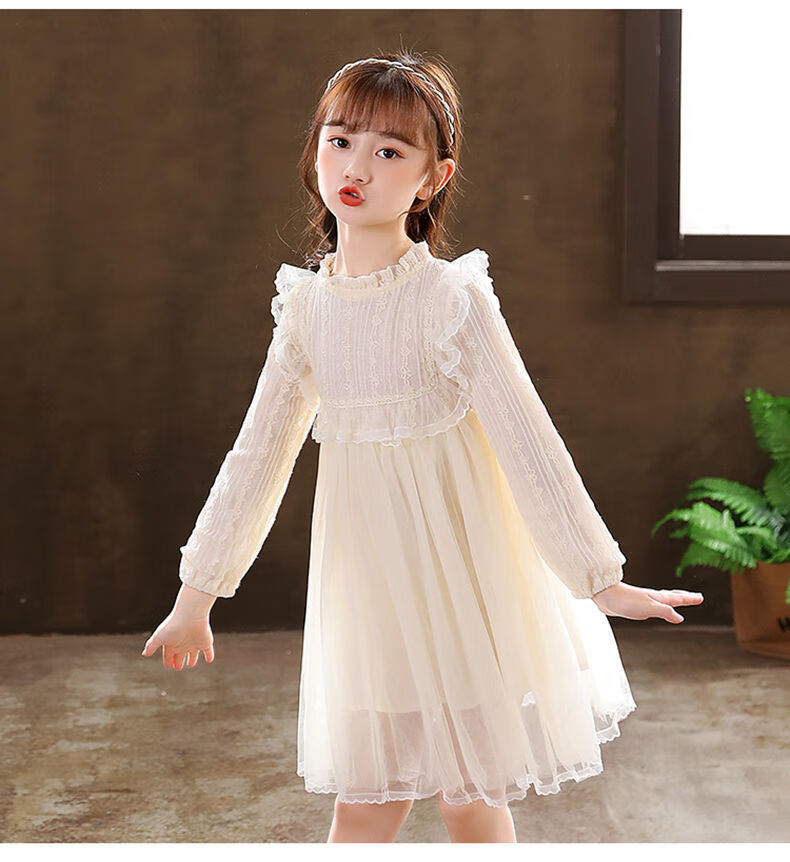 果画3-14岁小女孩穿的长袖白纱裙女童礼服裙花童公主裙蓬蓬纱儿童婚纱