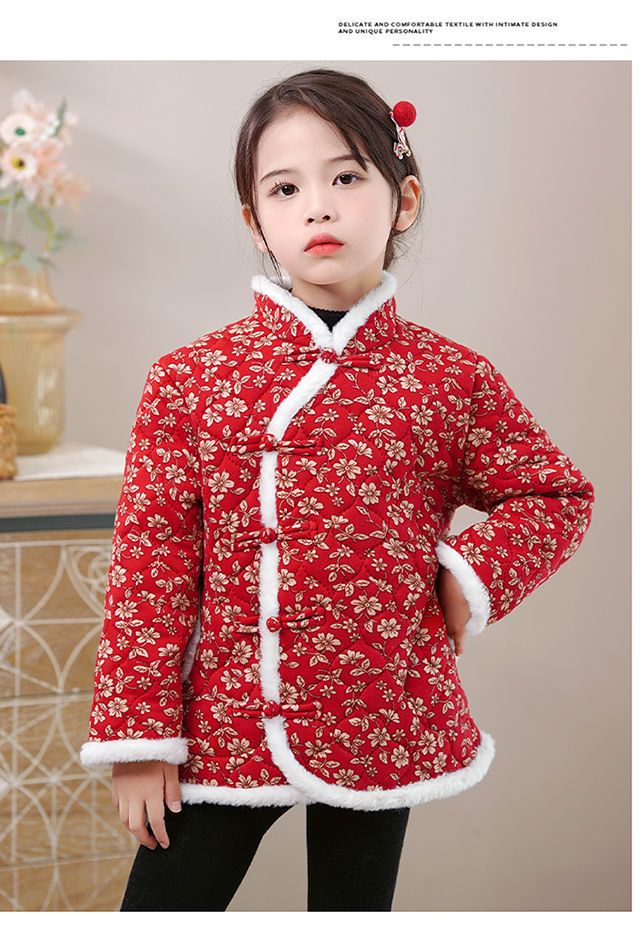 女童秋冬花棉袄儿童网红中国风拜年服女孩网红棉衣碎花外套新年装民族