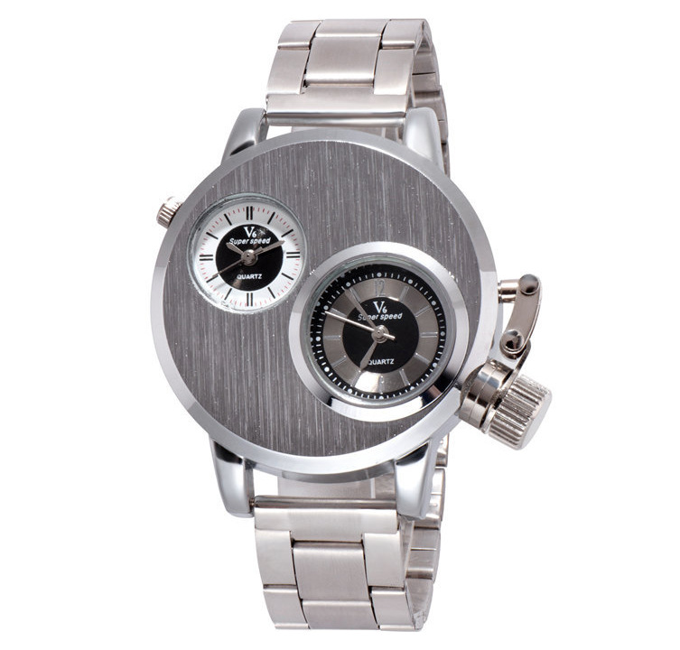 创意重金属朋克风v6双机芯圆形手表欧美时尚蒸汽cosplay钢带腕表双