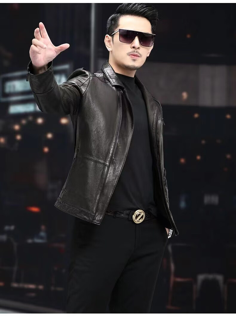 【京挑优品】真皮皮衣男2022春秋新款牛皮帅气机车皮夹克西装领休闲