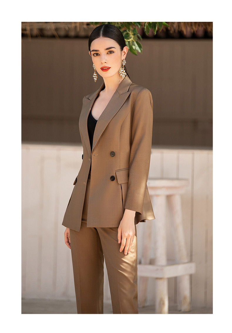 ad咖色职业装女西装套装枪驳领双排排扣西服外套干练正装职场女装