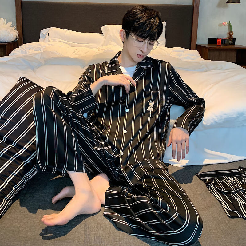 蔡徐坤同款睡衣男士春秋季薄款宽松大码条纹夏季冰丝绸家居服套装 i