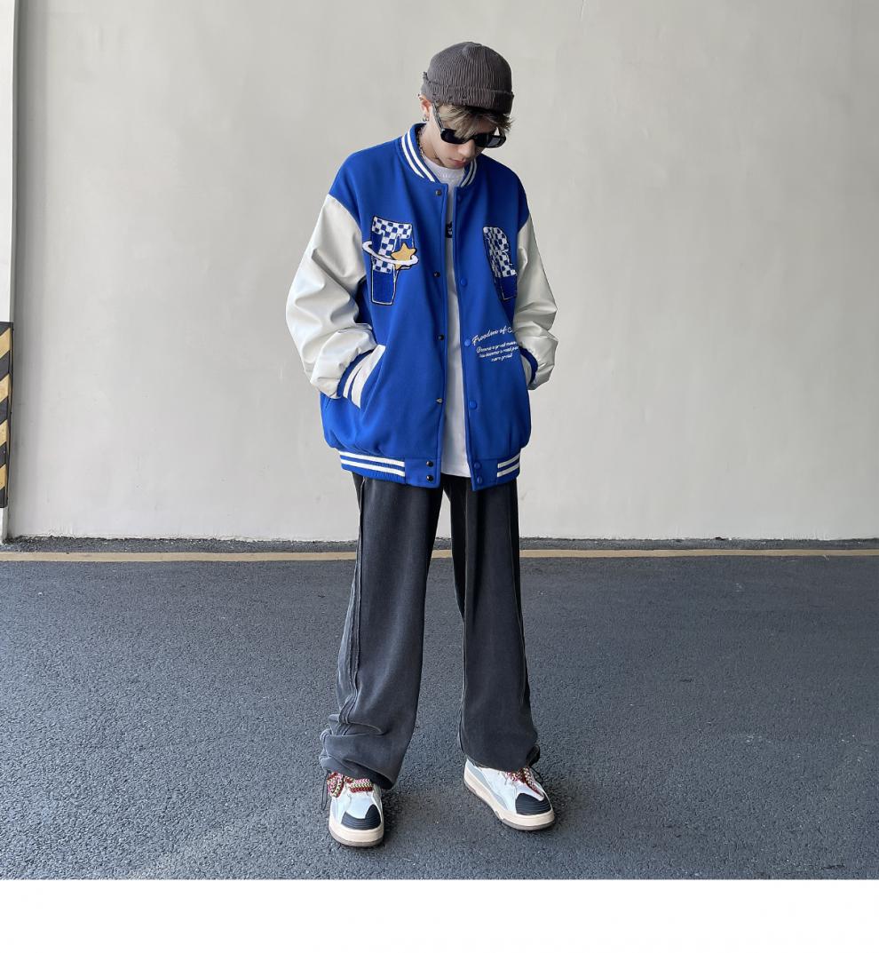 北觉棒球服男西海岸美式复古刺绣棋盘格小众嘻哈撞色春秋款克莱因蓝