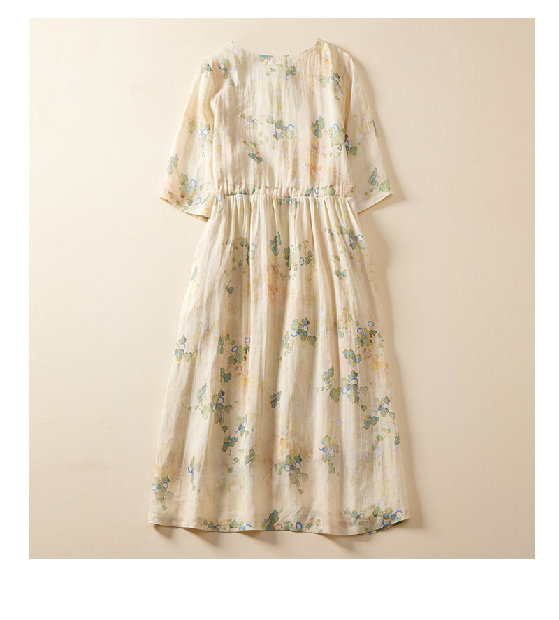 沫筱雪 棉麻印花中袖连衣裙女夏收腰抽绳显瘦中长裙 杏色 2xl【145