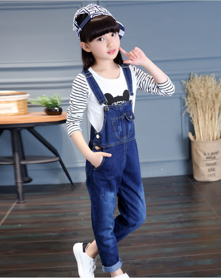 迪士尼disney品牌童装童装2021新款韩版女童牛仔背带裤儿童长裤吊带裤