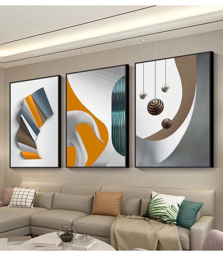 客厅挂画三联画轻奢风格沙发后背墙装饰画现代简约背景墙壁画墙画几何
