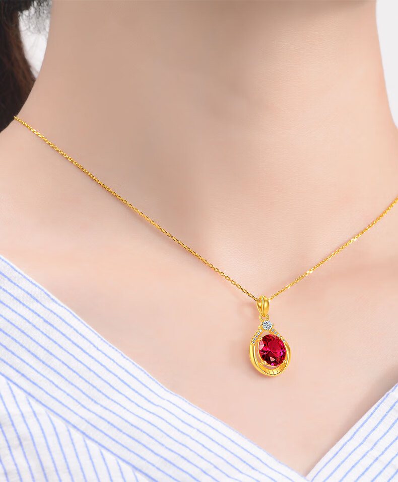 翡德丽轻奢珠宝金项链女水滴金吊坠红宝石细款潮送女友生日礼物送老婆